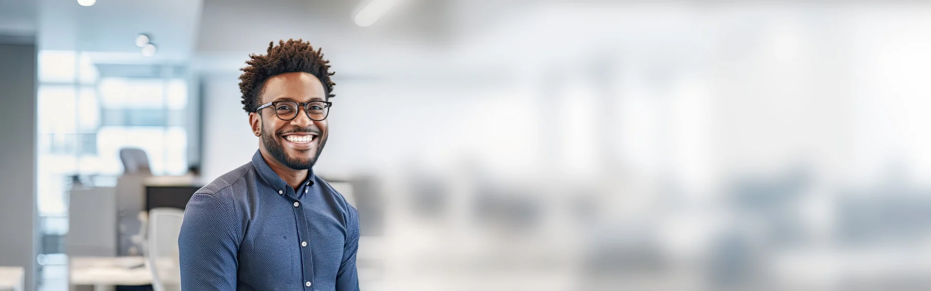 ein Mann mit Brille und einem blauen Hemd