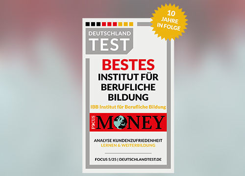 ein Siegel von Focus Money mit der Auszeichnung Bestes Institut für berufliche Bildung für die IBB AG. Zusätzlich ist ein Stern drauf mit dem Hinweis: 10 Jahre in Folge.